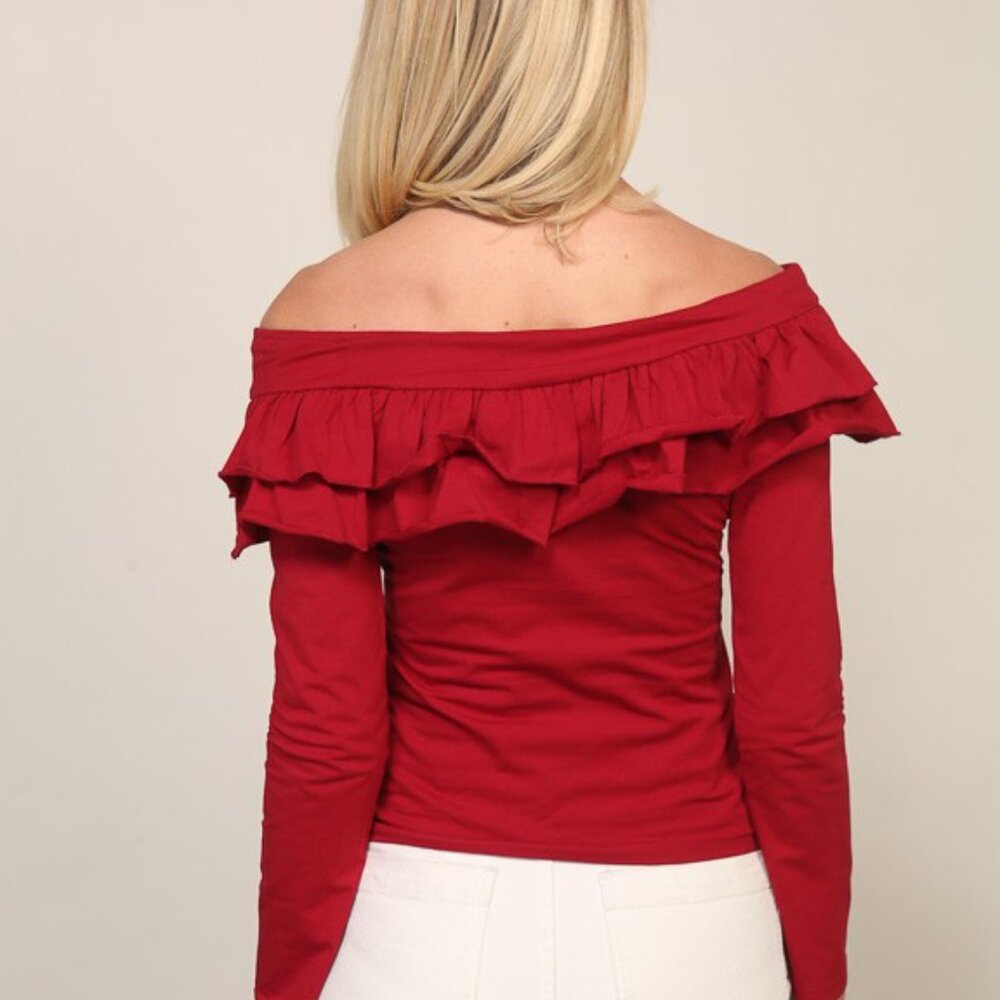 LUMIERE Off-Shoulder Ruffle Top | Cherry Red - Picture 2 of 5